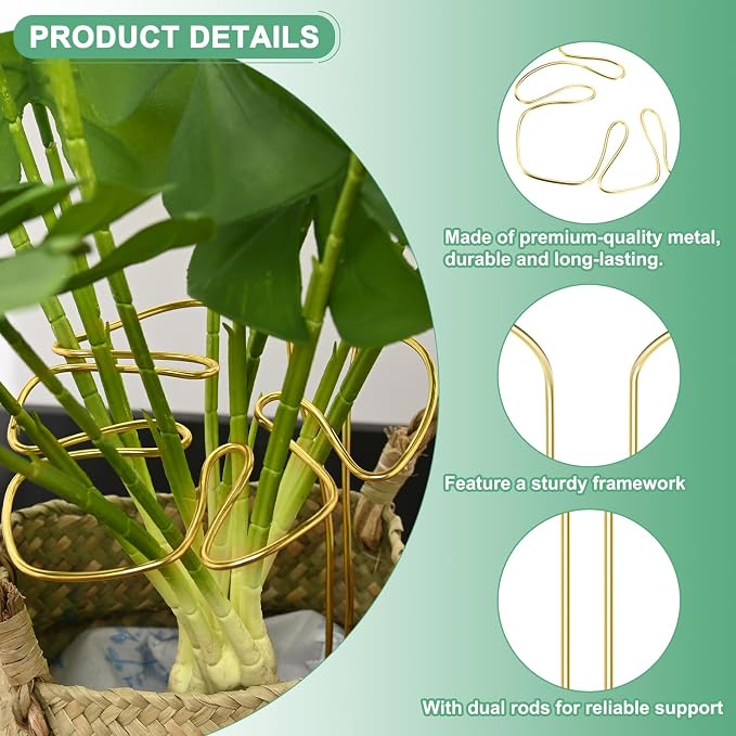 M METERXITY 2-Pack Monstera Plant Support, 11x5.9 Inch Reusable Sturdy Alloy Plant Support Stakes Unique Design for Potted Plants Flowers/Vegetables/Indoor Outdoor Climbing Plants [Gold]