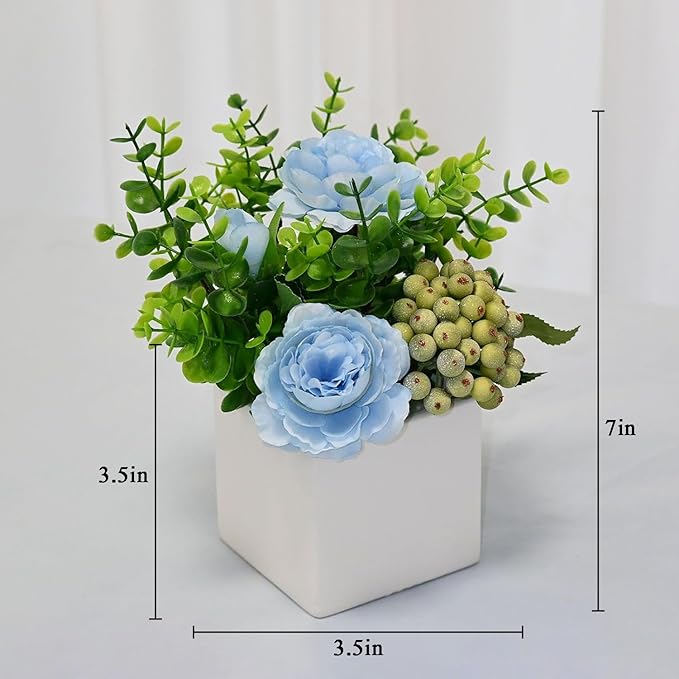 LADADA Artificial Blue Peony Flowers with Eucalyptus and Green Berries in White Square Vase - Fake Floral Arrangement for Home Decor, Table Centerpiece, Bathroom, Office, Wedding, Farmhouse Decor