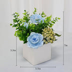 LADADA Artificial Blue Peony Flowers with Eucalyptus and Green Berries in White Square Vase - Fake Floral Arrangement for Home Decor, Table Centerpiece, Bathroom, Office, Wedding, Farmhouse Decor