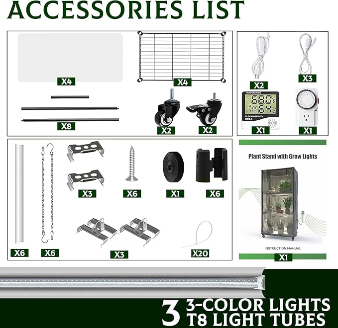Indoor Orchid Greenhouse with Grow Lights, 4-Tier Plant Stand with 3 Full Spectrum T8 Grow Lights, Timer, Thermometer, Ventilation & Wheels, Smoked PVC Cover for Orchid Care and Indoor Gardening