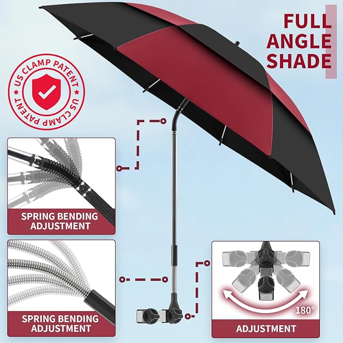 48.6" Double Canopy Beach Umbrella with Clamp, UPF50+ Beach Chair Umbrella with clip, 360°Adjustable Portable Outdoor Wheelchair, Patio, Golf Carts,Camping(Wine Red/Black)