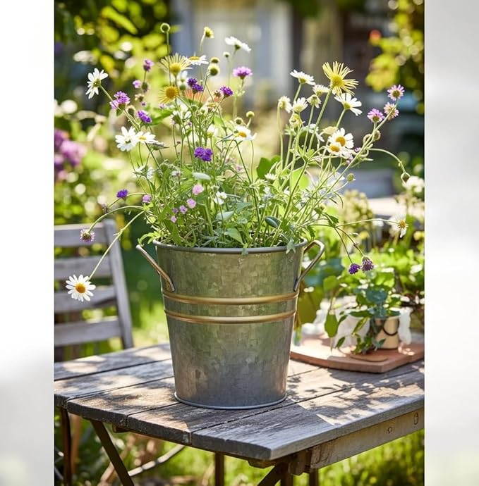 Hosley Set of 3 Zinc Finish Bucket/Pots with PVC Liner 5" Dia x 5" H, Ideal Gift for Floral Arrangements Wedding Home Office Party DIY Indoor Outdoor Garden Patio
