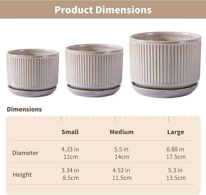 Speckle Gray Ceramic Plant Pots Set of 3, 4.3+5.5+6.7 Inch Indoor Flower Pot with Drainage Hole & Saucer & Hole Pads, Striped Decorative Planter Set for Indoor Plants, Gardening Pots & Accessories
