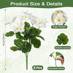Alupssuc 8Pcs Artificial Geranium Flowers for Outdoors Decoration Silk Floral, UV Resistant Fake Plants, Faux Flower for Porch Garden Table Centerpieces Home Indoor Outside Spring Decor(8, White)