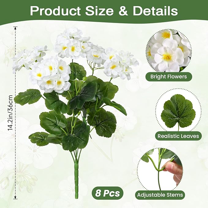 Alupssuc 8Pcs Artificial Geranium Flowers for Outdoors Decoration Silk Floral, UV Resistant Fake Plants, Faux Flower for Porch Garden Table Centerpieces Home Indoor Outside Spring Decor(8, White)