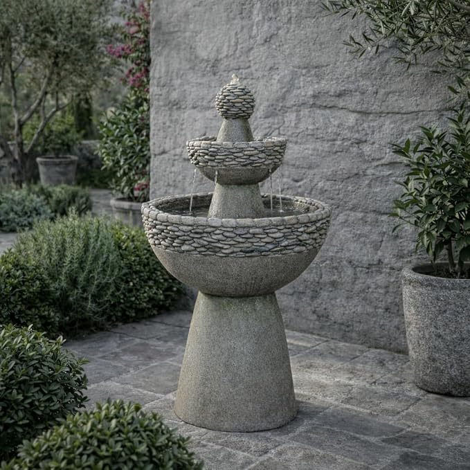 Teamson Home 36.5 in. Outdoor 3-Tier Zen-Style Pedestal Water Fountain in. with Stone Trim with Pump and 2.64 Gallon Capacity, Stone Gray