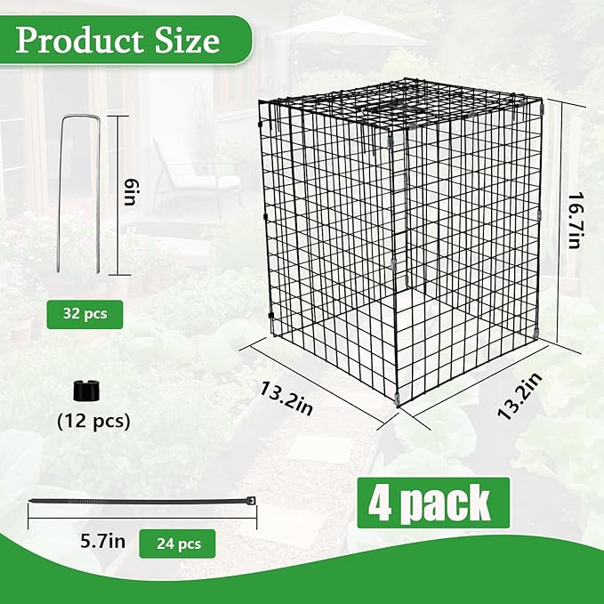 Garden Wire Cloches For Plants Extra Large 13.2" X13.2" X16.7" Rustproof Plant Cages For Outdoor Plants Protectors From Animals With Openable Top Cover & Stakes Plant Cages To Keep Animals Out (4 PCS)