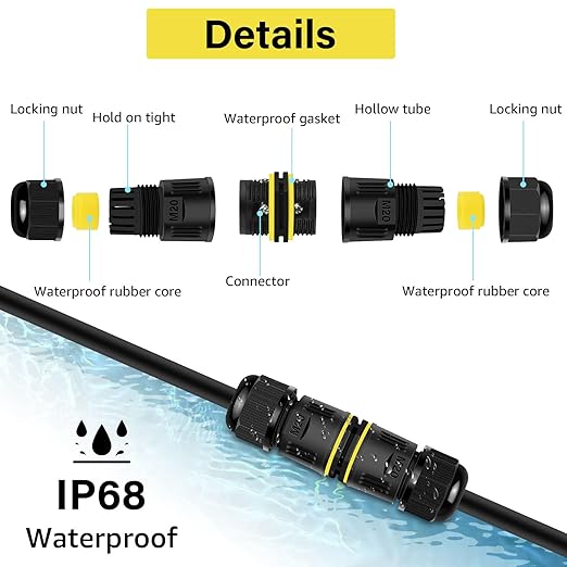 Waterproof Electrical Cable Connector,NineLeaf 6PK 3-PIN M20 Extension Electrical Cable Protector for Cable Diameter Ø5-12mm,Outdoor Power Cable Connector Joint for Garden,Water Pond Lights, Black