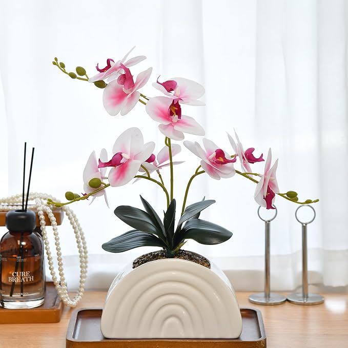 Fake Orchid Plant in White Rainbow Pot, Artificial Silk Phalaenopsis Orchid Flowers for Home Décor, Table Centerpiece, Office Desk (White and Pink)