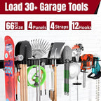 66" Garage Tool Organizer Wall Mount,20 PCS Wall Mounted Garden Tool Storage Rack Carries 720lbs, 4-Panel Steel Tool Hanger System for Shovels Rakes Brooms – Fits 16" Wall Studs