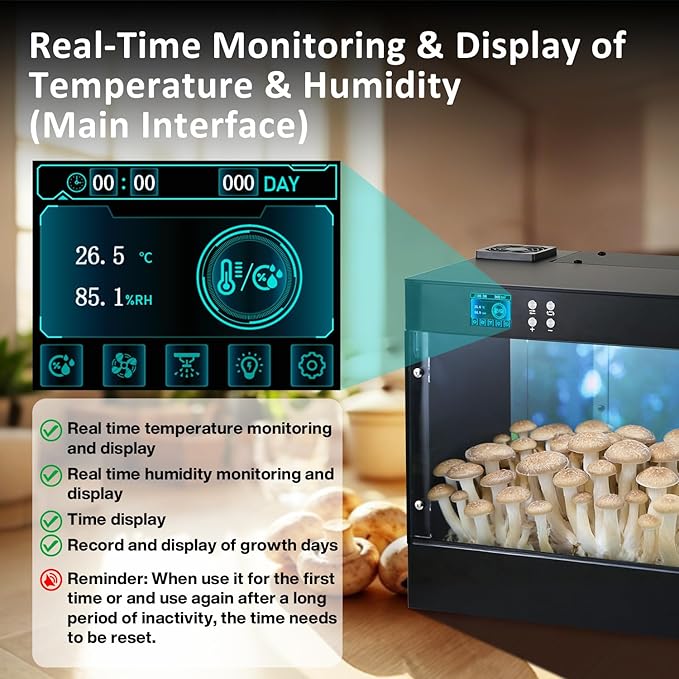 Smart Growing Chamber for Indoor Mushroom Cultivation Eco Box with Grow Lights & Lighting Lamps Temperature & Humidity Monitoring & Display Monotub Grow Kit with Automatic Humidification & Ventilation