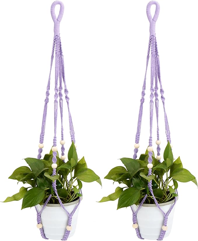 2 Pack Purple Macrame Plant Hangers, 35-Inch Cotton Rope Hanging Planters with Wooden Beads, Handmade Woven Plant Holders for Boho Modern Home Decor, Indoor & Outdoor Use