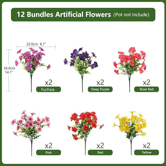INQCMY Artificial Fake Petunias Flowers for Outdoors Spring Summer Decoration, 12 Bundles Faux Plants Outdoor UV Resistant Realistic Silk Flower for Outside Planters Patio Porch Yard Window Box
