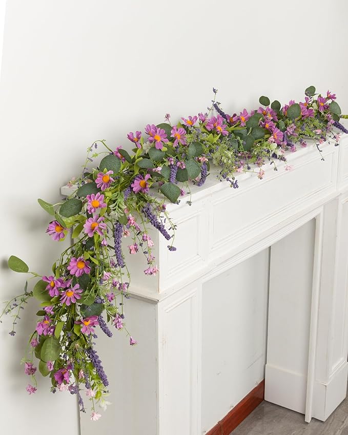6ft Spring Flower Garland Faux Eucalyptus Greenery with Lavender Purple Daisy Wild Berry Artificial Vine for Easter Wedding Arch Decor Baby Shower Garland Mantle Table Centerpiece