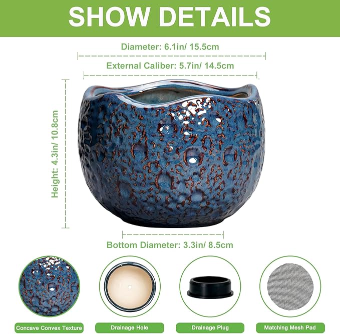 6 Inch Plant Pot - Ceramic Pots for Plants with Drainage Hole, Round Orchid Pot, Unique Planter for Indoor Outdoor, Modern Decorative Flower Pots, Room Decor, Plant Lovers Gifts, Retro Blue