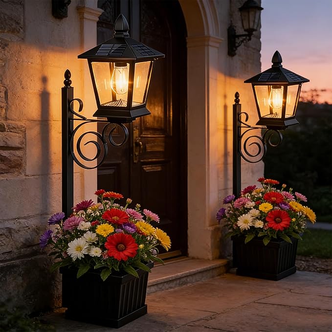 Solar Lamp Post with Planter, 2-in-1 Outdoor Solar Light with Built-in Planter Box, Waterproof Solar Powered Pathway Lamp for Garden Patio, Auto On/Off Warm White Light for Front/Back Door (Black 1pc)