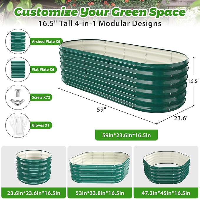 YSEJOMP 17" Tall Outdoor Garden Raised Garden Bed Kits,5ft X 2ft Oval,0.8MM Thick Metal Raised Planter Bed/Ground Planter Box for Variety of Flowers,Herbs,Vegetables (Dark Green, 60X24X16.5 Inches)