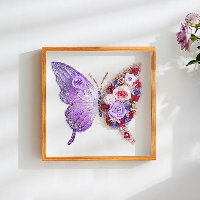 ADDWel Preserved Real Rose Butterfly Shadow Box - 12x12 3D Handmade Eternal Flower Wall Art, Unique Birthday Anniversary Purple Gifts for Women, Mom, Wife, Grandma