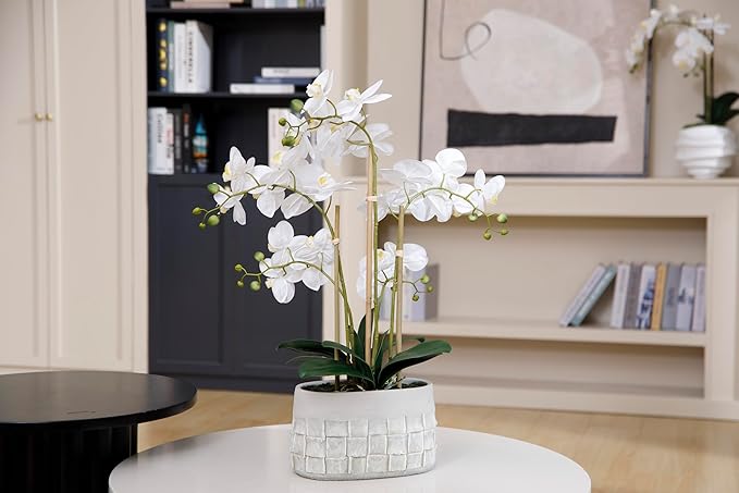 27" White Orchid Arrangement in a Grey Stonelike Planter | Real Touch White Moth Orchids in a Grey Planter by Fiori Sempre