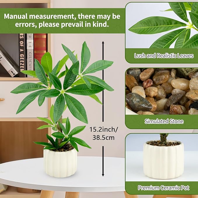 Small Money Tree Bonsai 15.2inch Artificial Desk Plant in White Ceramic Pot, Realistic Indoor Faux Potted Pachira Money Plant for Home Office Living Room Decor(Maintenance Free)