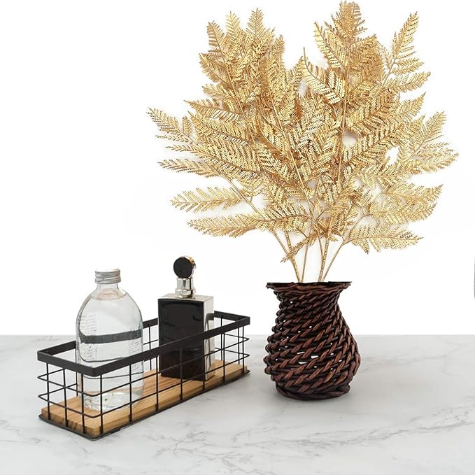 Artificial Plants Christmas Decor, PASYOU Gold Fern Fake Flowers Shrubs Plastic Grass Leaves Indoor Outdoor Home Garden Hotel Verandah Wedding Party Event Faux DIY Decoration, 30 Inch Golden 2 Bunches