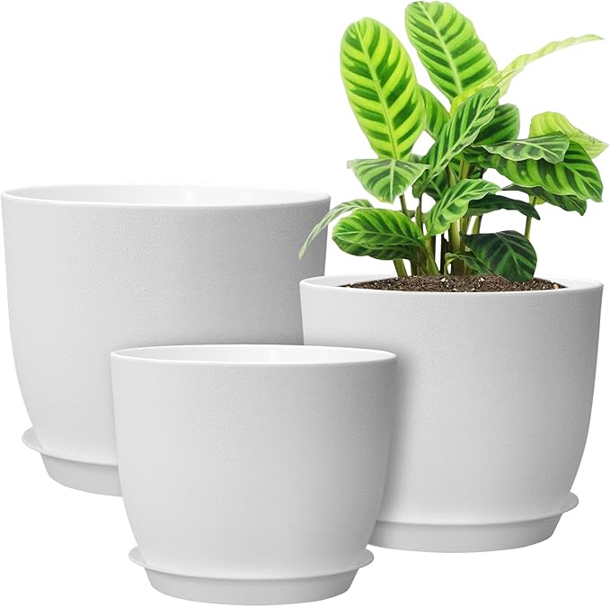 UOUZ 12/10/9 Large Plant Pots, Plastic Planters with Drainage Holes and Saucers for Indoor Outdoor Plants Flowers, White
