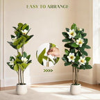 Fiddle Leaf Fig Tree 4FT Tall Artificial Plant, Large Fake Tree in White Planter, Faux Rubber Tree Fake Floor Plant with Magnolia Flowers - Artificial Tree for Home Office Living Room Decor, White