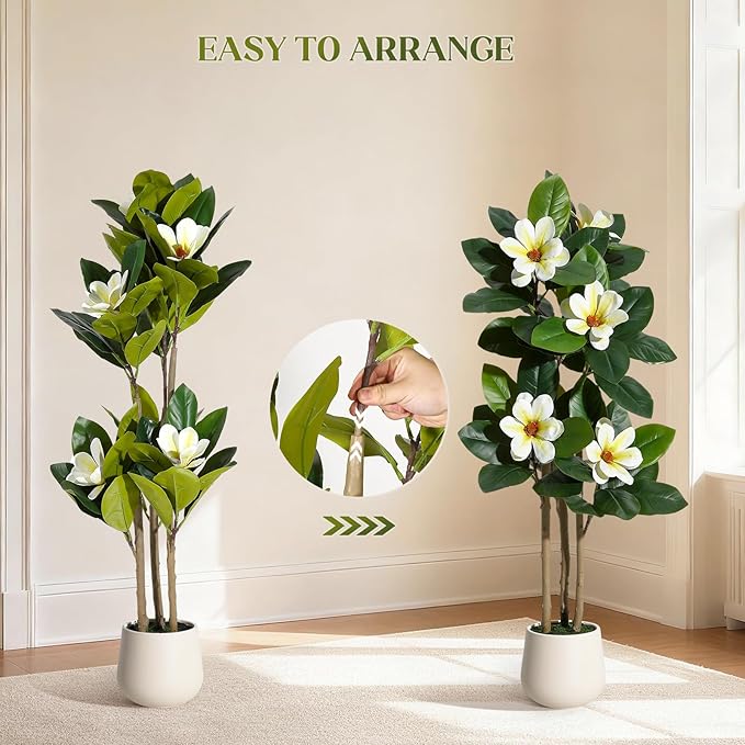 GarveeHome Faux Rubber Tree, 48 Inch Artificial Plants Indoor with Real Touch Leaves and Multi Trunks, Artificial Tree Fake Potted Plants with White Flowers for Home Decor Office Living Room