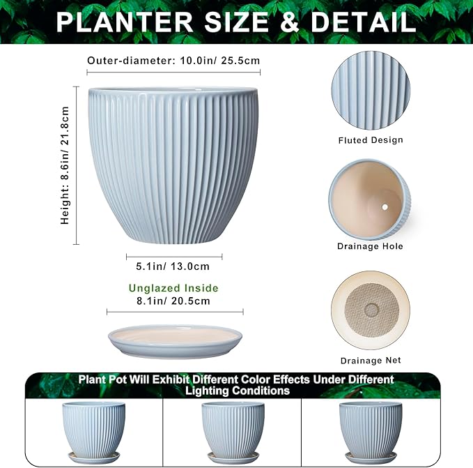 10 Inch Pots for Plants, Ceramic Plant Pots with Drainage Hole and Saucer, Modern Flower Pots for Indoor Plants, Decorative Large Planter, Entryway Decor, Gardening Gifts, Light Blue