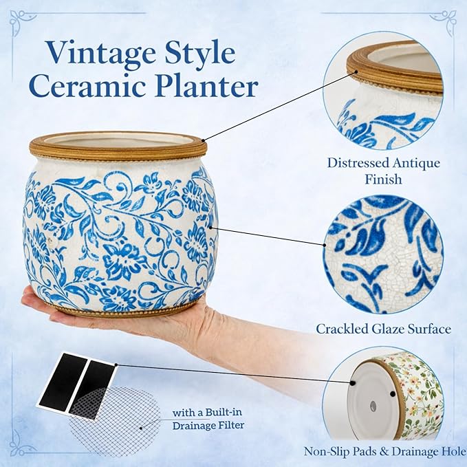 Vintage Ceramic Flower Pot - Indoor Outdoor Planters with Drainage Holes & Filter Screen, 9’’ Large Rustic Farmhouse Decorative Plant Pots for Garden/Patio/Balcony