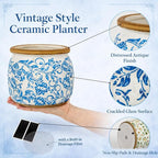 Vintage Ceramic Flower Pot - Indoor Outdoor Planters with Drainage Holes & Filter Screen, 6.5’’ Small Rustic Farmhouse Decorative Plant Pots for Garden/Patio/Balcony (Blue Vines, Small)