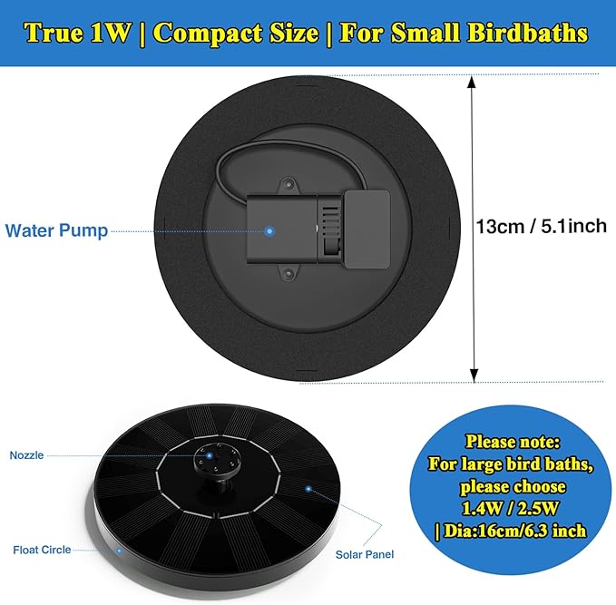 Solar Fountain, Floating Solar Powered Water Fountain Pump for Bird Bath, Garden, Pond, Pool, Outdoor (1W)