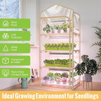 Mini Indoor Greenhouse with Grow Light,4 Tiers Plant Shelf with 1.6FT 20W Full Spectrum Grow Light with Timer for Seed Starting, Ventilation Window & Bottom Pouch, 27" L x 19" W x 63" H