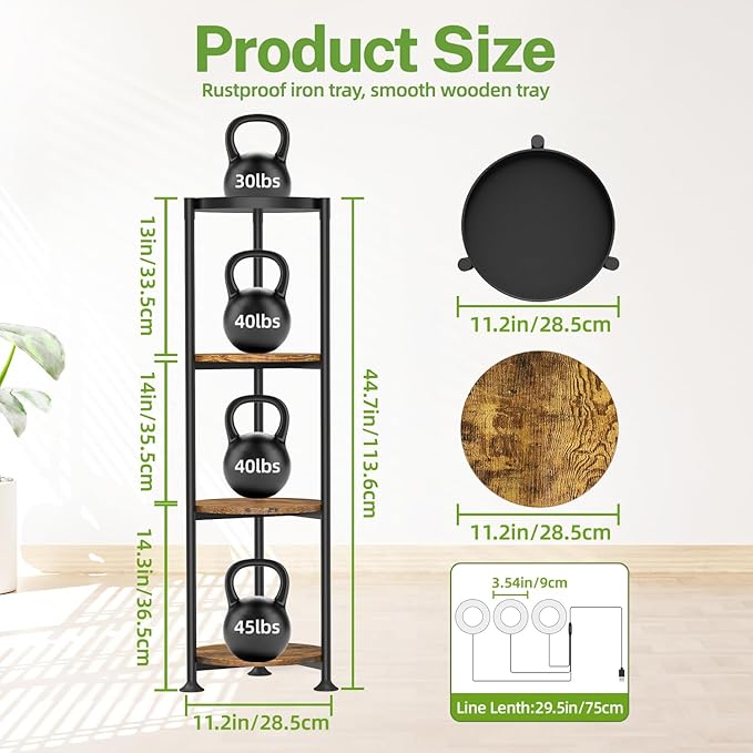 iDavosic.ly 4 Tier Plant Stand Indoor with Grow Light, 30 Inch Tall Vertical Corner Metal Flower Heavy Duty Pot Holder Shelf, Modern Black & Rustic Brown - Round
