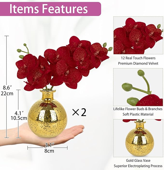 Red Orchids Artificial Flowers Faux Orchid Arrangement with Gold Glass Vase Set of 2 Real Touch Phalaenopsis Orchid Flowers Orchid Centerpiece for Dining Room Table