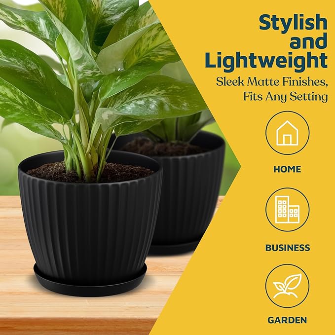Black 6-Inch Plant Pots with Drainage & Saucers 12 Pack, Indoor & Outdoor Planters for Houseplants, Herbs, and Flowers, Durable & Weatherproof Material, Stackable, Lightweight, Minimalist Design