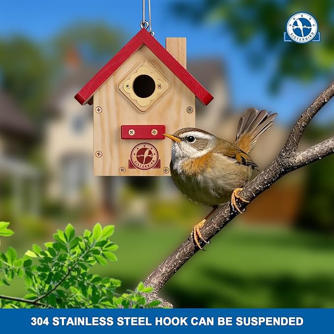 SISTERBIRD Wren Bird House, Premium Wooden Bird Houses for Outside, Classic Cabin Design Birdhouses for Outdoors, Hanging Bird House, Red-Breasted Nuthatch Wren Chickadee