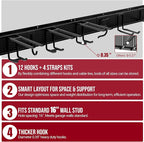 66" Garage Tool Organizer Wall Mount,20 PCS Wall Mounted Garden Tool Storage Rack Carries 720lbs, 4-Panel Steel Tool Hanger System for Shovels Rakes Brooms – Fits 16" Wall Studs