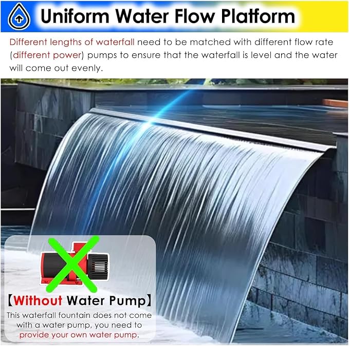 Rectangular Pool Fountain Waterfall Kit - Silver Water Feature with Spillway for Patio, Backyard & Pond - Includes Pipe Connector (L45cm x W9cm x H6cm)