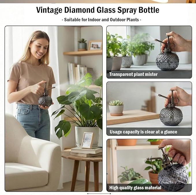 OFFIDIX Plant Mister, Vintage Glass Spray Bottle, Flower Mister 300ML Small Watering Can with Plastic Top Pump, Spray Bottle for Garden, Plants, Cleaning (Gray)