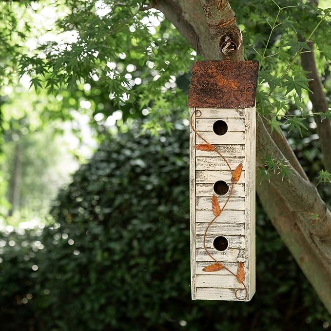 Glitzhome 18" H Wooden Bird House, Hanging Birdhouses for Outdoors, Washed White Distressed Three-Story Cottage Garden Bird House for Chickadee Cedar Wren Sparrow Finch Cardinal