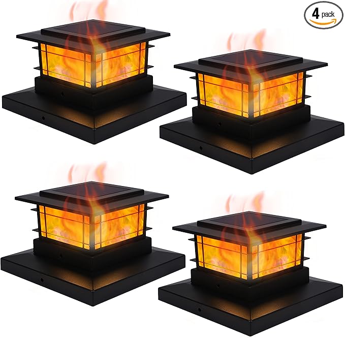 Dynaming 4 Pack Solar Post Cap Lights Outdoor with Flickering Flame Light, Fence Post Solar Lights Fit for 4x4 5x5 6x6 Vinyl/Wooden Posts, High Brightness SMD LED Lighting Decor for Garden Deck Patio
