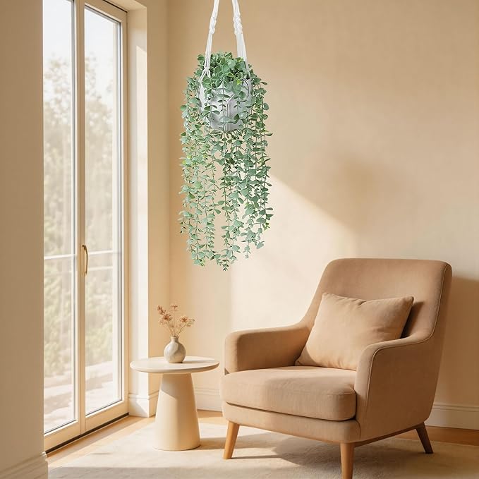 DREAMLOOM Fake Hanging Plants with Pot, Artificial Eucalyptus Hanging Plants with Macrame Hanger for Indoor Decor, Fake Hanging Vines Faux Greenery for Home Kitchen Office