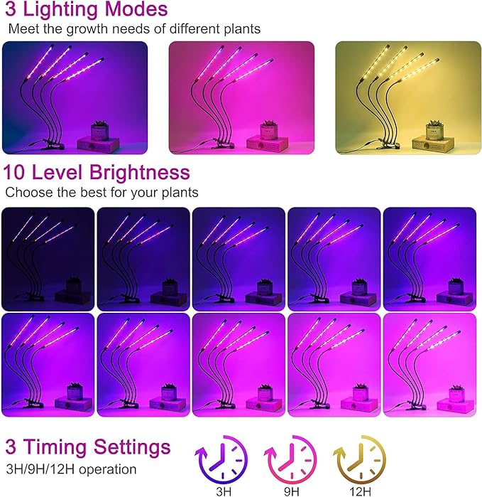 Grow Lights for Indoor Plants - 84 LED Full Spectrum Clip Plant Growing Light (4 Heads 2 Pack)
