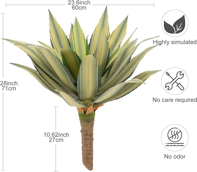 Artificial Spiked Agave Plant Outdoor 28” Tall, Large UV Resistant Fake Agave Plants with 23 Pre-Dusted Leaves, Faux Succulents Plant for Home Front Porch Patio Garden Indoor Decor 2Pack