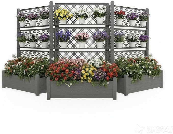 5' Tall Raised Garden Bed with Trellis, Self Watering Planter Box for Outdoor Climbing Plants Resin Garden Lattice for Vegetables, Flowers, Tomato & Vine with Drainage Holes (Coffee, 3 Pack)