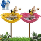 Handmade Metal Flower Garden Stakes, Metal Flower Garden Stakes Bird Bath, Flower GardenStakes BirdBath, Mini Bird Bath & Pollinator Water Station, for Yard, Patio, Lawn (2pcsYellow+Pink)