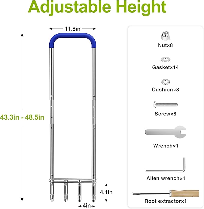 Knee-Friendly Manual Lawn Aerator Tool –Adjustable SUS304 Stainless Steel Core Aerator for Grass, Yard Aeration Tool with 4 Hollow Tines for Lawn Care and Compacted Soil,43.3"-48.5",Silver