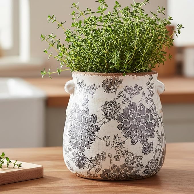 Xiaan Jiaju 6.68in. Tuscan Planter & Room and Home Decor, Decorative Vase, Indoor/Outdoor Ceramic Plant Pot w/Drainage, French Country Decor Boho Decor, Gifts for Women Birthday Unique, Vintage Grey