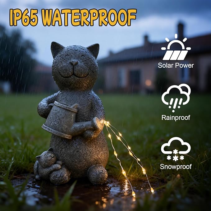 Solar Watering Cat Garden Statues Decor Waterproof Figurine Resin Sculpture Gift for Mom Grandma, Outdoor Decorations for Porch Patio Lawn Yard Home House Gardening Birthday Housewarming (Cat)